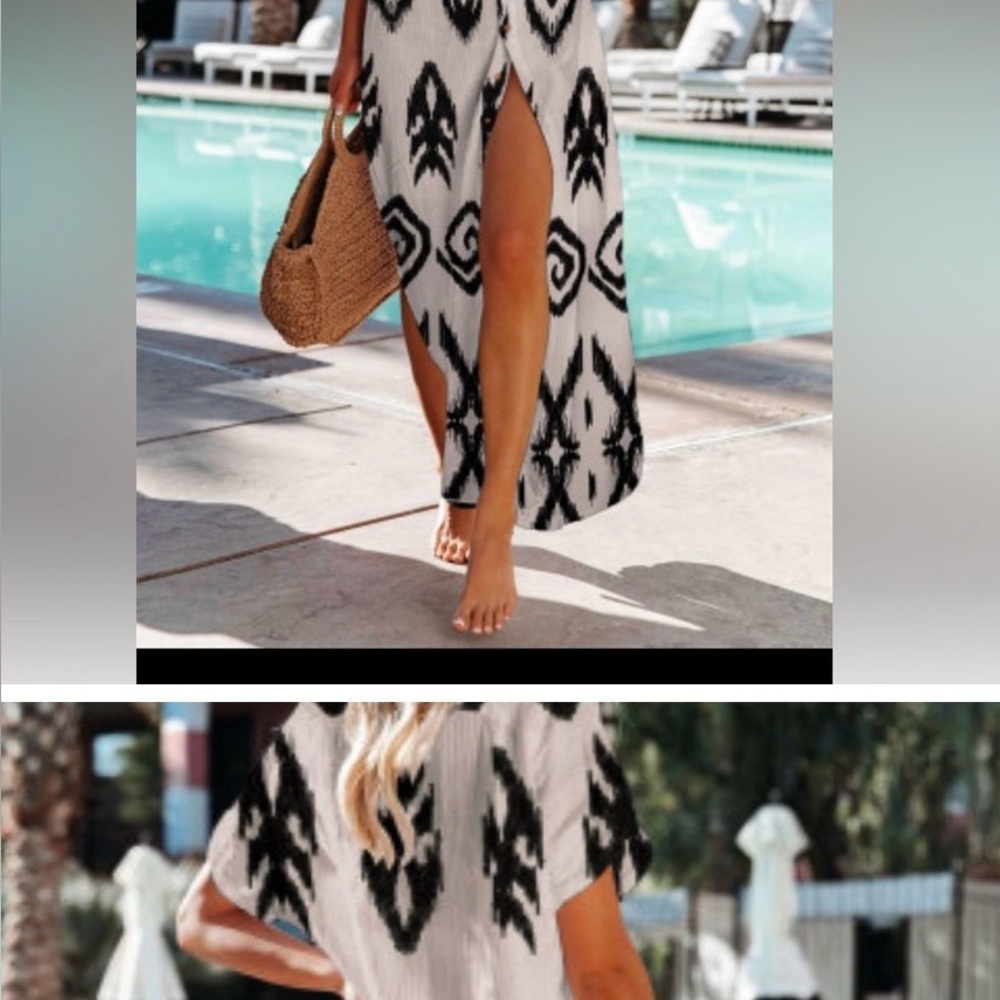 Black and White Maxi Dress,  Western Print Side Split Long Shirt Dress